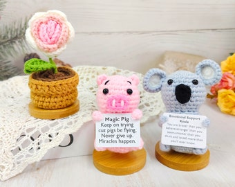 Crochet Animals Magic Pig/Emotional Support Koala, Potted Pink Rose, Desk Ornaments, Encouragement Gift for kids, Funny Gift