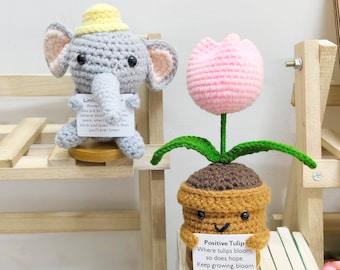 Crochet Elephant and Positive Tulip with Desk Decorations, Heartwarming Little Reminder Elephant Plush, Gifts for Children，Mother's Day