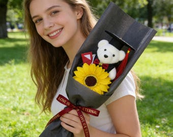 Graduation Little Bear Doll Bouquet, Sunflower, Bulk Sales Graduation Season Bouquet Gift