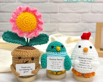 Handmade Crochet Animal Set: Parrot, Chicken, Daisy Plant - Encouragement Gift