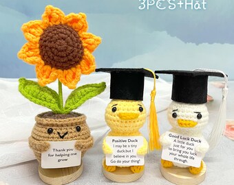 Crochet Duck Wearing Graduation Hats, Crochet Sunflower Plant, Graduate Gift, Handmade Crochet Animals, Desk Decor, Gift For Children