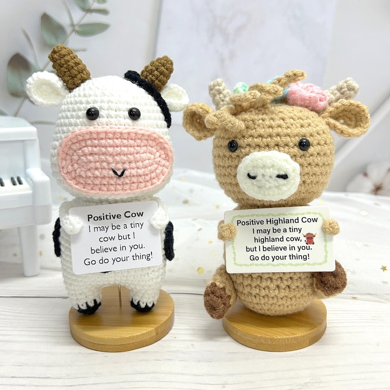 Cute Crochet Highland Cow,Positive Cow,Desk Decorations,Handmade Crochet Cow Plush,Sister Gift,Gifts For Children,Interesting Gifts