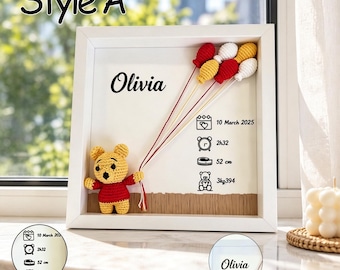 Custom Baby Birth Stats Shadow Box Frame,Crochet Animal Balloon Keepsake Picture Frame,Custom Name Newborn Memory Gift,Nursery Wall Decor