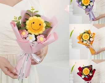 Muttertagsgeschenk-gehäkelter lächelnder Sonnenblumen-Blumenstrauß-gehäkelte Blumen-gehäkelter Blumenstrauß-Jubiläumsgeschenk-sonniges lächelndes Geschenk