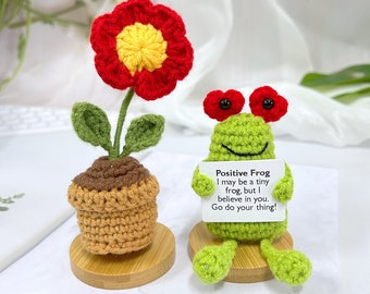 Crochet Frog Plush with Flower Pot: Handmade Positive Desk Decor