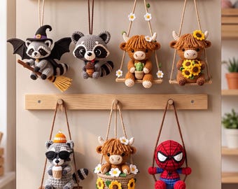 Handmade Crochet Car Hanging Ornament, Raccoon Highland Cow Swing Rearview Mirror Charm, Animal Amigurumi Keychain, Car Decor Accessory Gift