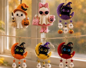 Halloween Crochet Car Hanging Ornament, Ghost Black Cat Pumpkin Witch Keychain Handmade, Rearview Mirror Charm, Spooky Season Car Decor Gift