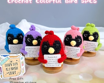 Crochet Bird with Positive Stickers: Handmade Encouragement Gift, Affirmation Card, Summer Decor
