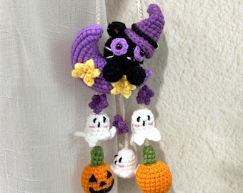 Adorno colgante de ganchillo para coche de Halloween, llavero de bruja con calabaza y gato negro hecho a mano, dije para espejo retrovisor, regalos navideños