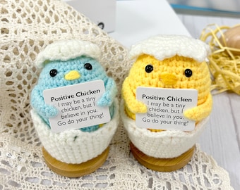 Handmade Crochet Positive Chicken, Chicken with an eggshell, Desk Decorations, Interesting Gifts, Gift for Kids, Easter Basket Stuffer