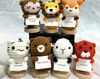 Crochet Animals With Sign, Anti-ICE, Abolish ICE, Tiger, Lion, Panda, Bear, Fox, Monkey, Capybara