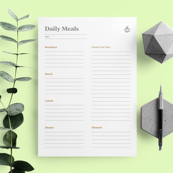 Daily meal planner - digital PDF Daily meal Recipe planner  - A4 / US letter printable meal planner- Minimalist template