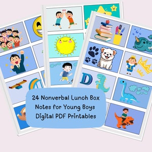 May include: 24 Nonverbal Lunch Box Notes for Young Boys Digital PDF Printables.  The images include a smiling sun, a boy running, a dinosaur, a boy riding a dinosaur, a boy with a crown, a dog, a narwhal, a boy on a seesaw, a boy with a diploma, a stack of books, a boy with a thumbs up, a group of boys, a smiley face, and two boys high-fiving.