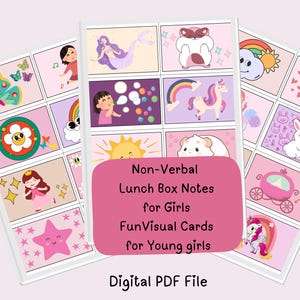 Fiambrera no verbal con 24 notas para niñas / Tarjetas visuales divertidas para niños pequeños / Tarjetas sorpresa para la lonchera para niñas pequeñas