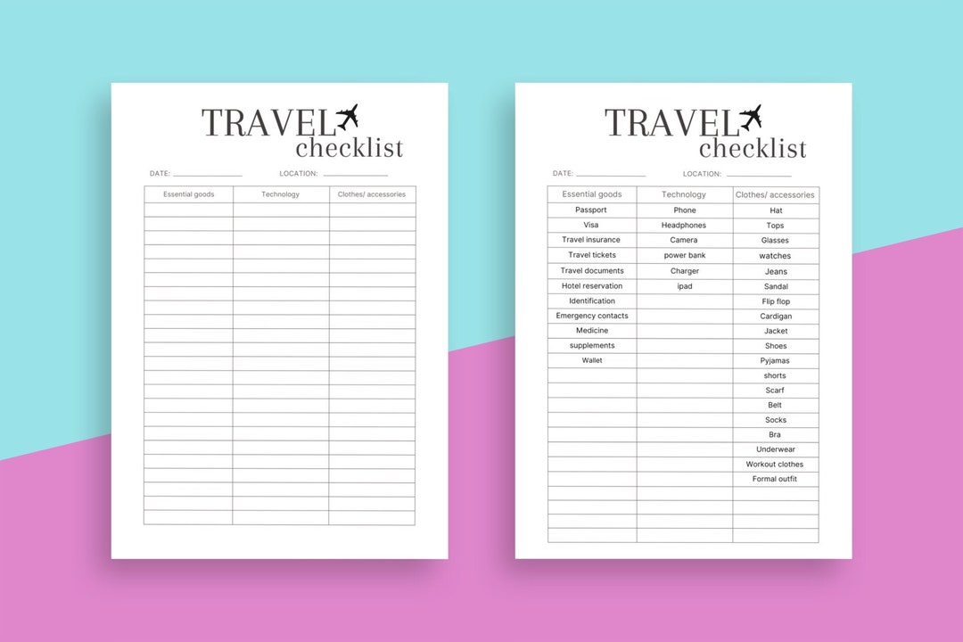 Travel Checklist Digital PDF Printable. Minimalist Travel Checklist