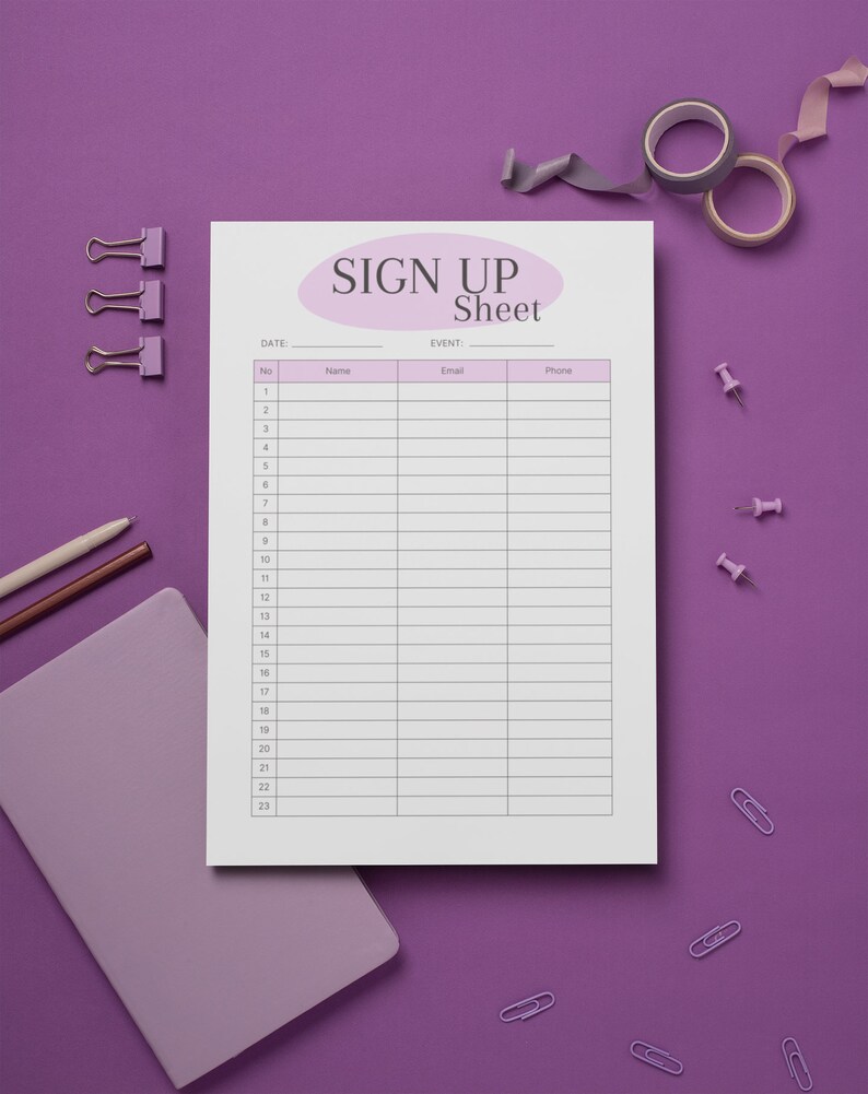 Sign up Sheet - Fillable Digital PDF Event Sign up Sheets - A4 / US ...