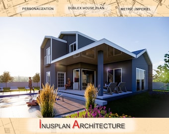 May include: A modern, gray duplex house plan with a swimming pool and a covered patio. The house has a contemporary design with large windows and a flat roof. The plan includes the text "DUPLEX HOUSE PLAN" and "METRIC/IMPERIAL".