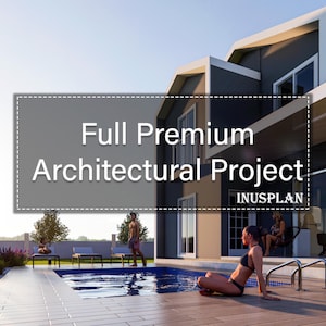 Puede incluir: Una casa moderna con piscina y patio. La casa tiene un exterior gris con molduras blancas. La piscina está rodeada de un patio de baldosas. El texto "Full Premium Architectural Project INUSPLAN" se muestra en la imagen.