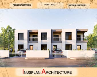 May include: A white, two-story, multi-plex building with a gray roof and black windows. The building has a white fence in front of it and two cars parked in the driveway. The building is surrounded by green trees and bushes. The text "INUSPLAN ARCHITECTURE" is printed in red and white at the bottom of the image.