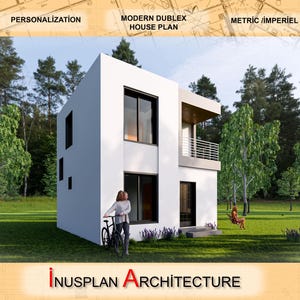 May include: A white modern duplex house plan with a balcony and large windows. The house is surrounded by green trees and grass. The text "MODERN DUPLEX HOUSE PLAN" is at the top of the image. The text "INUSPLAN ARCHITECTURE" is at the bottom of the image.