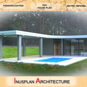 Moderne Tiny House-plattegrond van 773 ft2 - 1 slaapkamer met zwembad en zithoek | Downloadbaar en afdrukbaar architectonisch ontwerp voor doe-het-zelvers