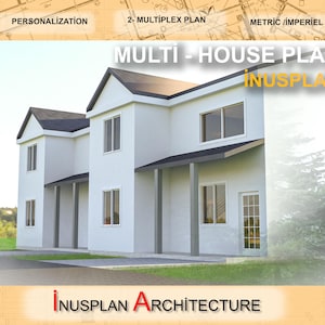 May include: A white two-story house plan with a black roof and gray trim. The house has two front doors and windows. The text "MULTI - HOUSE PLAN" and "inUSPLAN" is displayed in yellow on a black background.