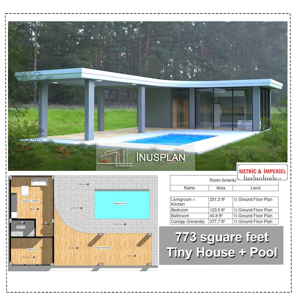 Tiny House 773 ft2 area , 1 bedroom+ Modern Pool and Sitting Area , Dıy Plan,Dowloadable and Printable.