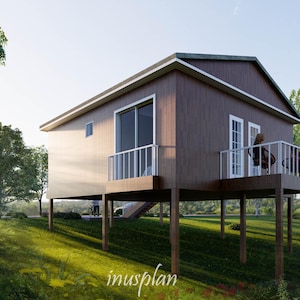 Modern huis met 2 slaapkamers | 807 vierkante voet | Open woonkamer en keuken | 2 Badkamers | Huisontwerp op stelten | Downloadbare, afdrukbare pdf