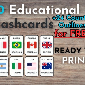 Può includere: 40 flashcard educative con sagome di paesi da scaricare gratuitamente, pronte per essere stampate. Le flashcard presentano bandiere e i nomi dei paesi e delle loro corrispondenti nazionalità, come Francia, francese, Brasile, brasiliano, Canada, canadese, Regno Unito, britannico, Argentina, argentino, Italia, italiano, Stati Uniti, americano e Australia, australiano.