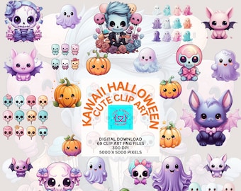 Pacchetto di clipart Kawaii Halloween carino, 69 clipart Happy Halloween Kawaii, clip art per uso commerciale, PNG pastello, clipart goth pastello, Spooky