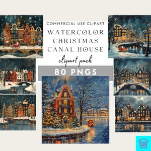 Paquete de 80 imágenes prediseñadas de casas en los canales de Ámsterdam para Navidad, acuarela, PNG, vacaciones, arte holandés, invierno, decoración, páginas de diario, manualidades, álbumes de recortes, papel digital