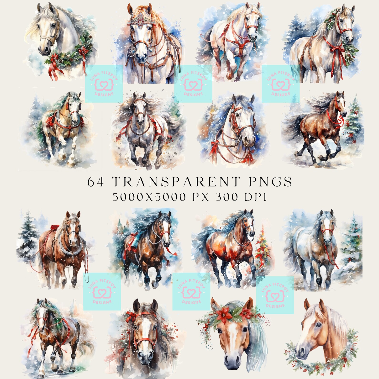 Country Christmas Horse Clipart. Bundle of 128 Watercolor PNG Winter ...