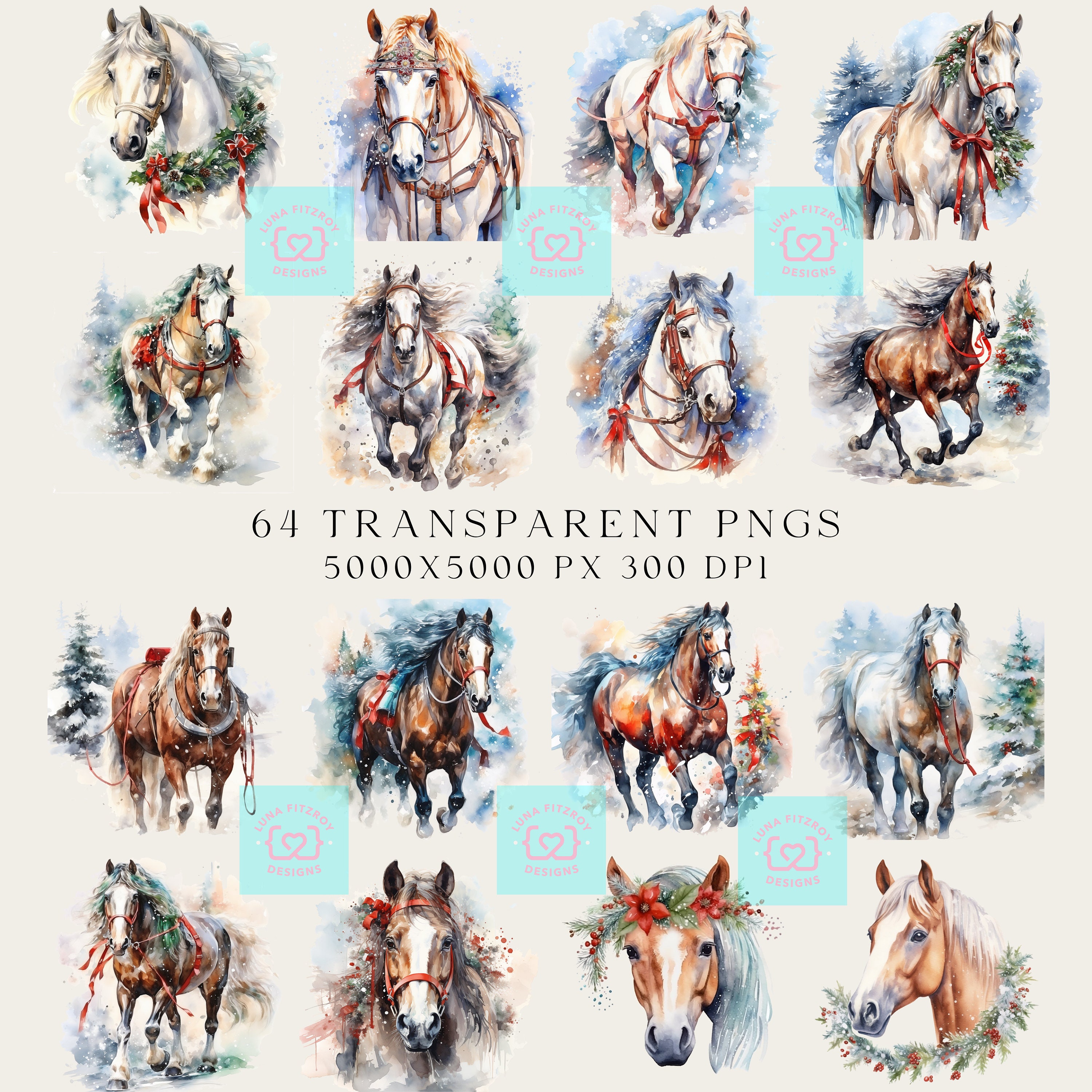 Country Christmas Horse Clipart. Bundle of 128 Watercolor PNG Winter ...