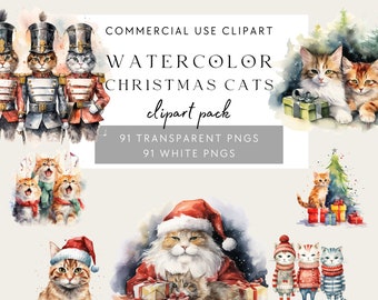 Christmas Cat PNG, Bundle of 182 Watercolor Cats Clipart, Christmas Decor, Digital Download, Card Making, Digital Paper Craft, Xmas Kitty