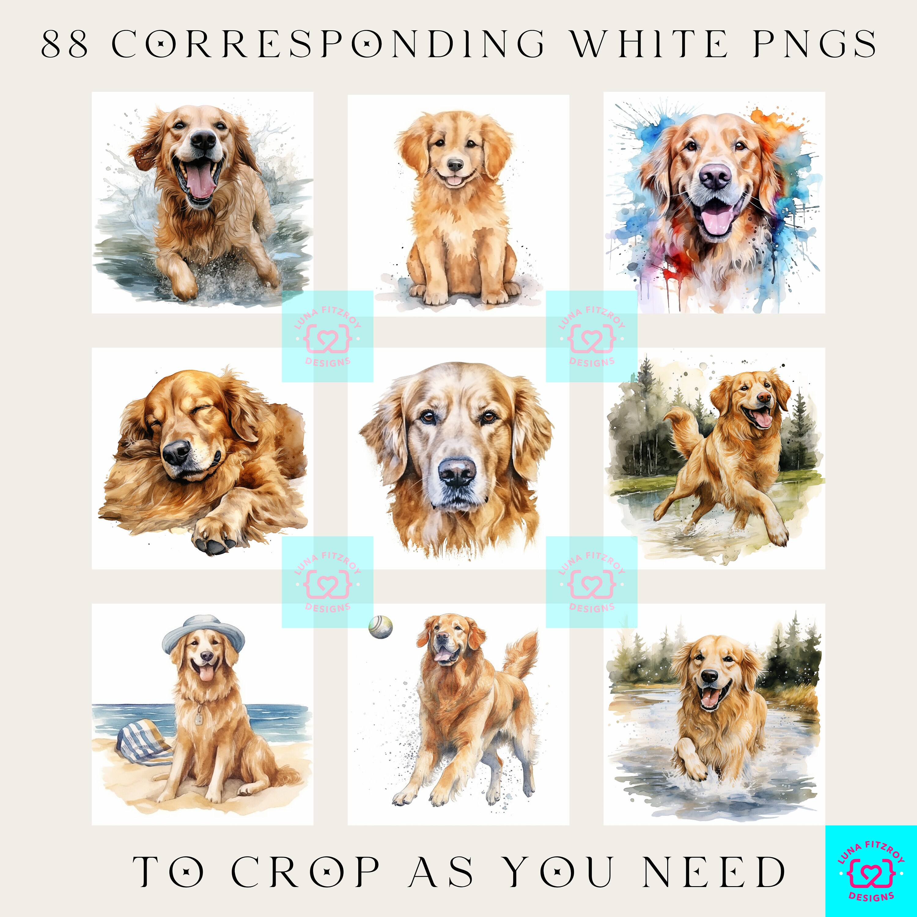 Golden Retriever PNG Bundle of 104 Watercolor Dog Clipart Silhouettes ...
