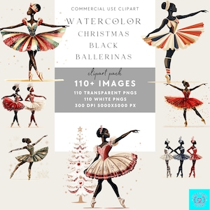 Pacchetto di clipart di ballerina nera / 110 PNG / Arte di balletto afroamericano / Artigianato digitale natalizio / Creazione di biglietti e design a sublimazione, Natale