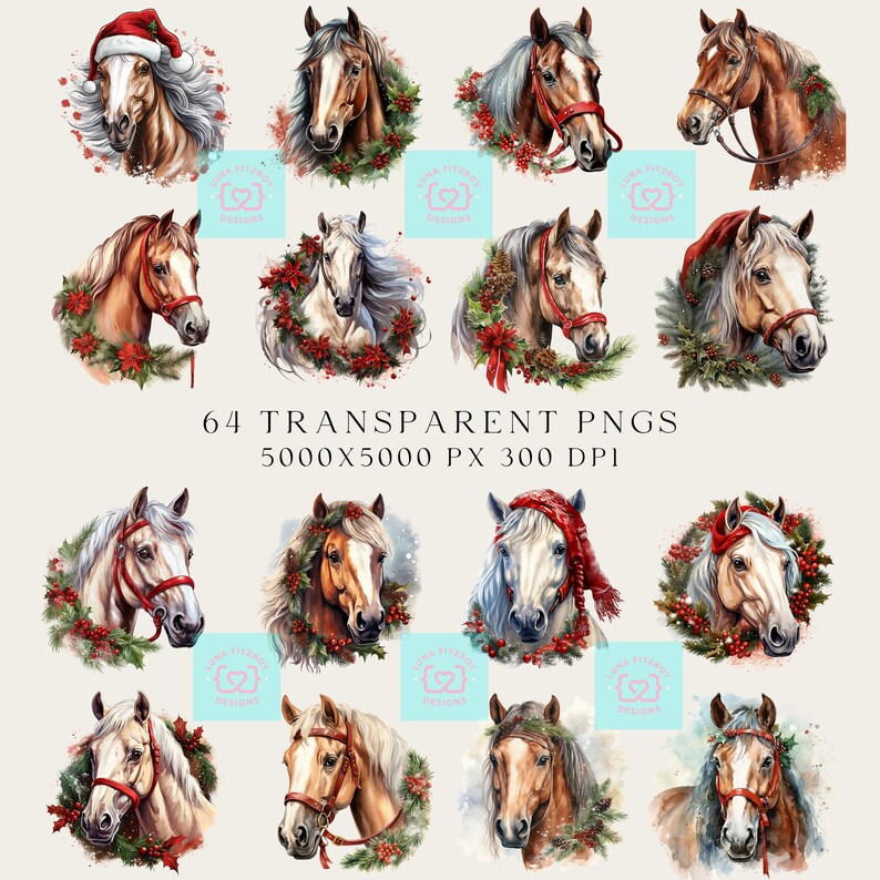 Country Christmas Horse Clipart. Bundle of 128 Watercolor PNG Winter ...