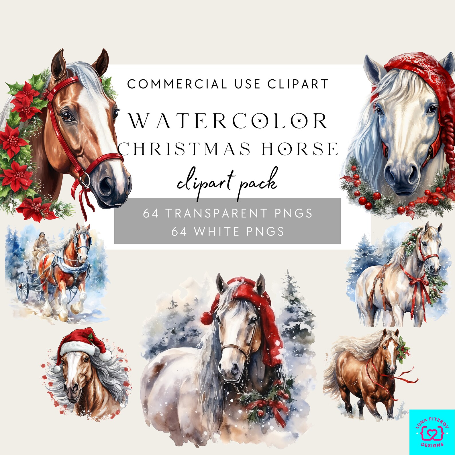 Country Christmas Horse Clipart. Bundle of 128 Watercolor PNG Winter ...
