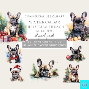French Bulldog Christmas PNG, Bundle of 64 Watercolor Clipart, Christmas Decor, Digital Download, Card Making, Digital Paper Craft, Bulldog