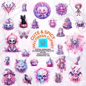 Cute Spicy Halloween clipart bundle - 112 Spooky clipart, commercial use clip art, pastel goth clipart, spooky seamless patterns, PNG pastel