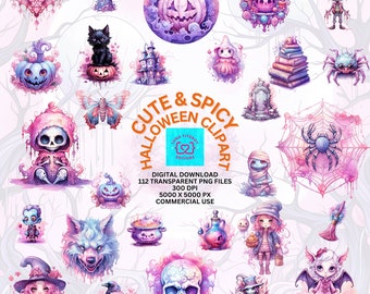 Niedliches Spicy Halloween Clipart Bundle - 112 Gruselige Clipart, Clip Art für kommerzielle Nutzung, Pastell Goth Clipart, gruselige nahtlose Muster, PNG Pastell
