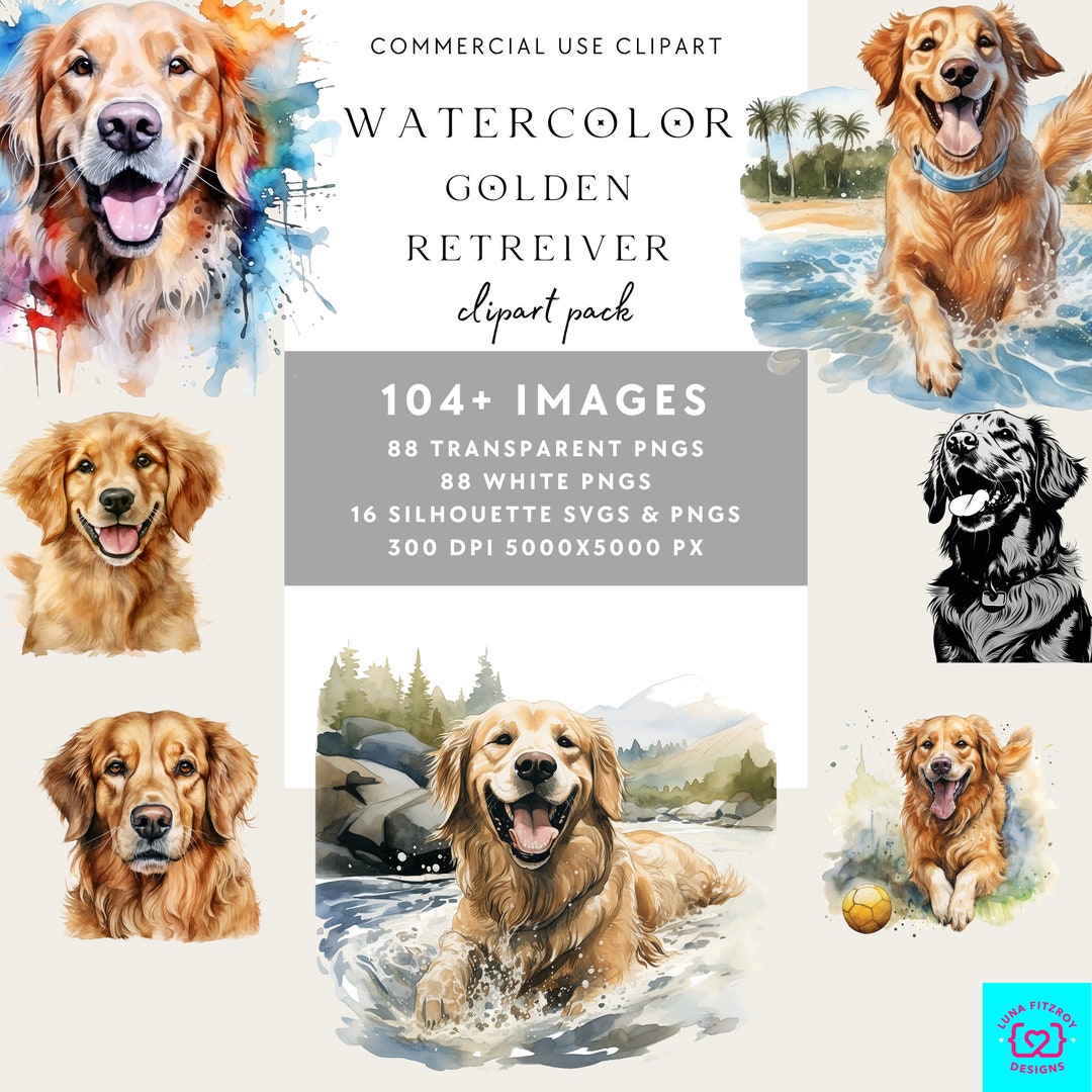 Golden Retriever PNG Bundle of 104 Watercolor Dog Clipart Silhouettes ...