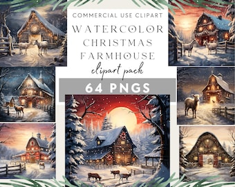 Country Christmas Barn Farmhouse Clipart Bundle of 64 Watercolor PNG Holiday Red Barn Journal Pages Craft Scrapbook Background Digital Paper