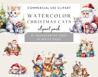 Christmas Cat PNG, Bundle of 182 Watercolor Cats Clipart, Christmas Decor, Digital Download, Card Making, Digital Paper Craft, Xmas Kitty
