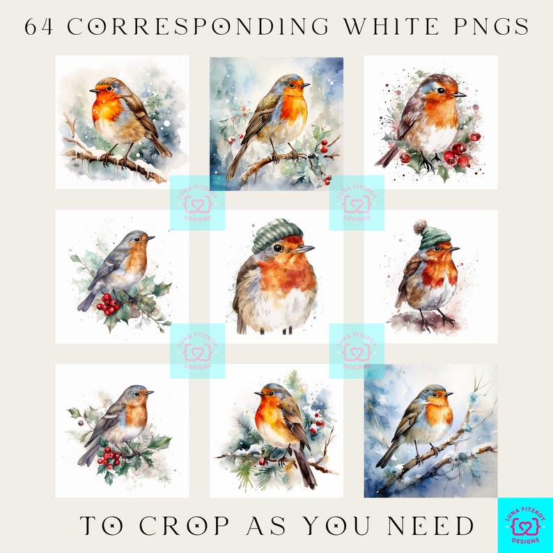 Christmas Robin Clipart, Clipart Bundle Christmas 128 Pngs, Watercolor ...