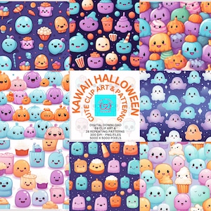 Puede incluir: Un conjunto de 69 imágenes de arte digital recortable y 28 patrones repetidos con adorables personajes de Halloween kawaii. Los personajes son de varios colores, incluyendo rosa, azul, naranja y morado. Los personajes incluyen fantasmas, calabazas, dulces y cupcakes. Las imágenes son de 300 DPI y 5000 x 5000 píxeles.