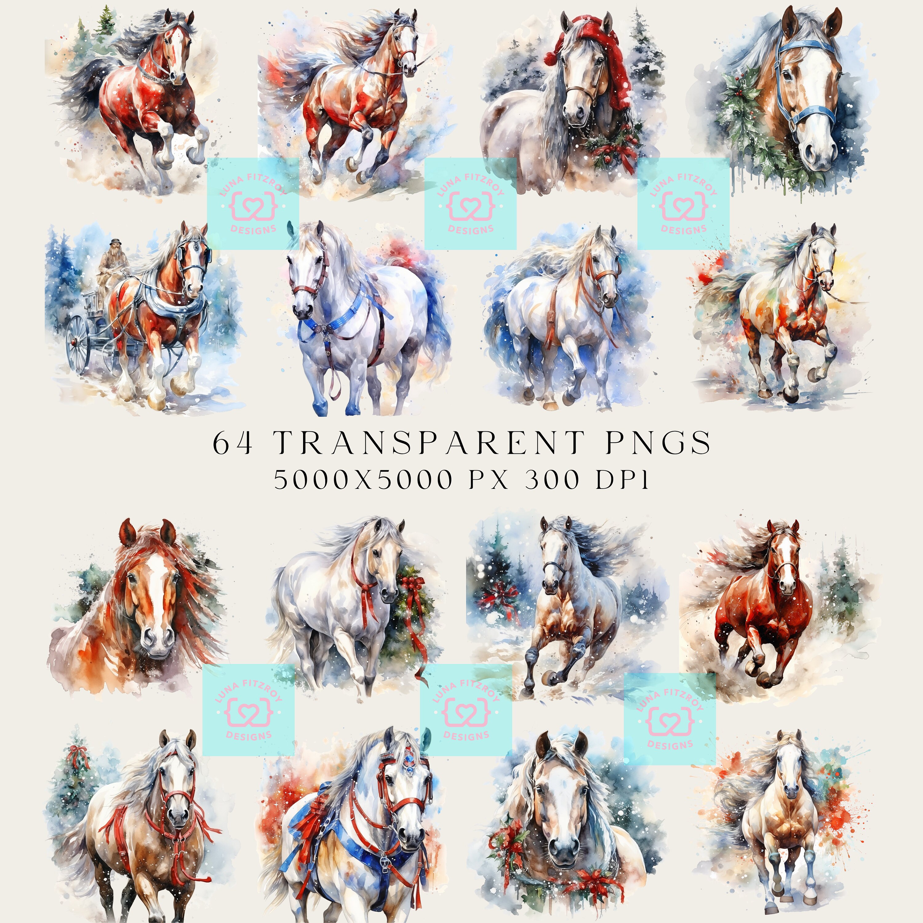 Country Christmas Horse Clipart. Bundle of 128 Watercolor PNG Winter ...