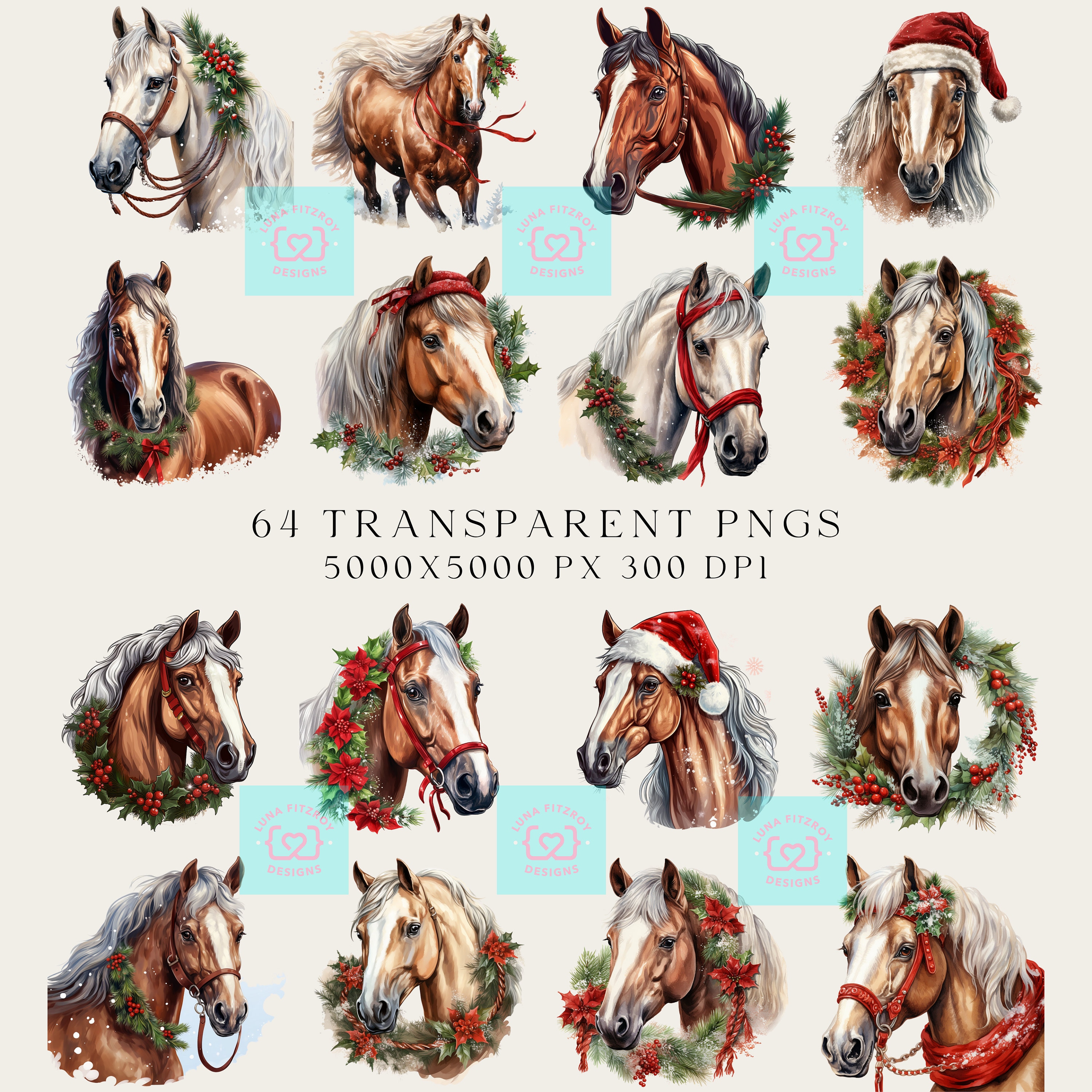 Country Christmas Horse Clipart. Bundle of 128 Watercolor PNG Winter ...