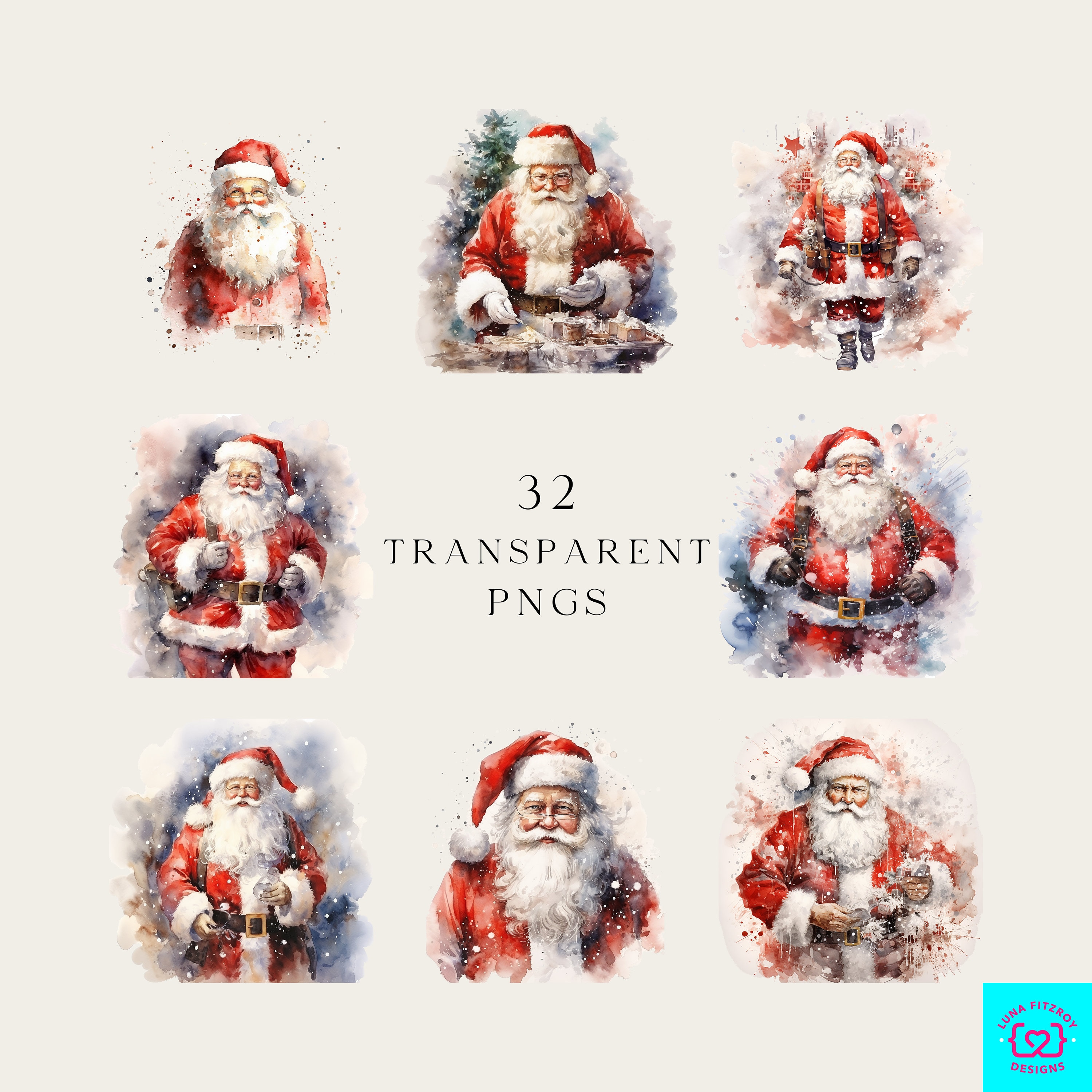 Christmas Santa Clipart, PNG Bundle 64 High Quality, Watercolor ...
