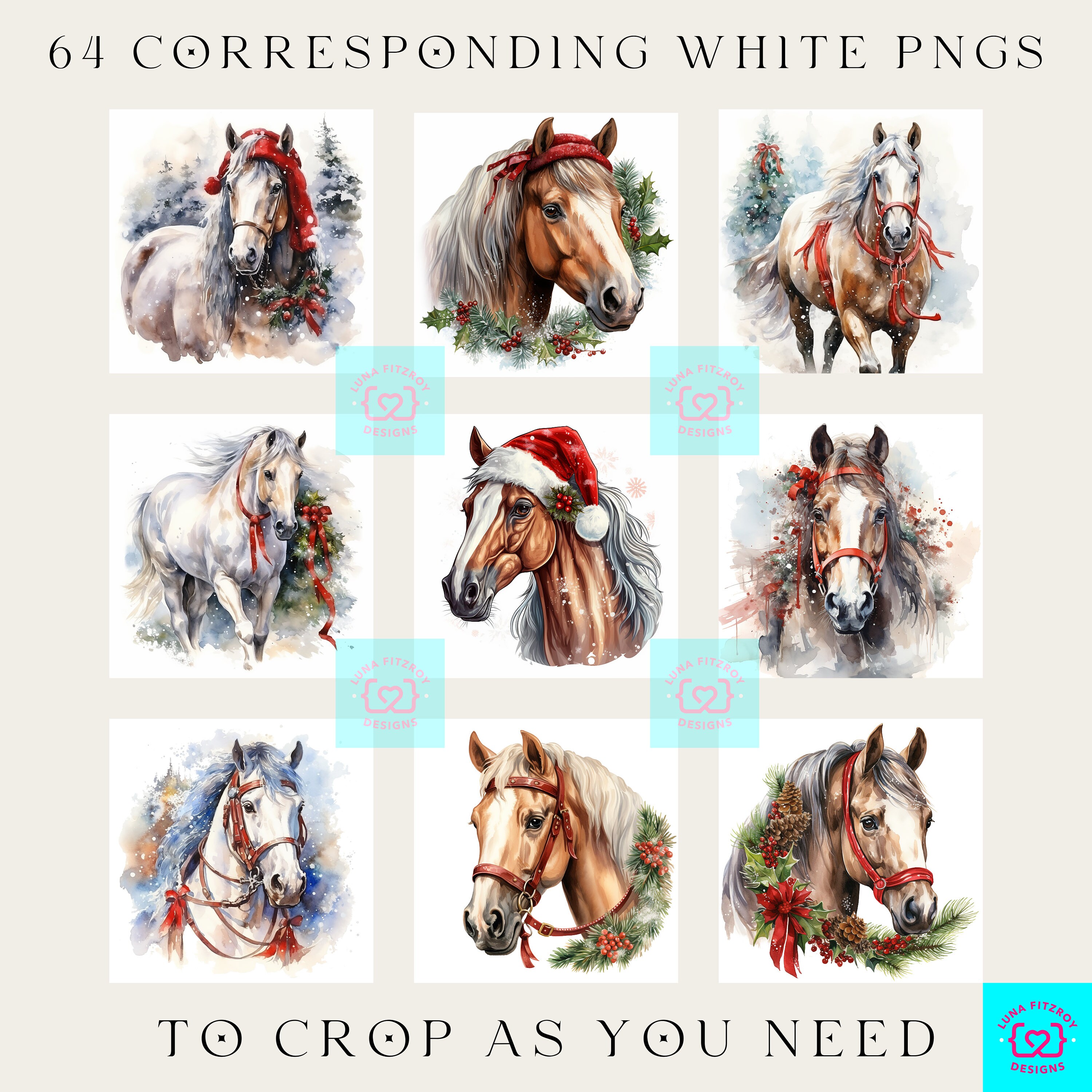 Country Christmas Horse Clipart. Bundle of 128 Watercolor PNG Winter ...